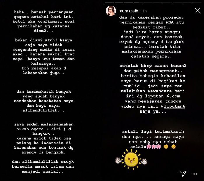 Tangkapan layar Instastory Aura Kasih mengenai alasan pernikahannya