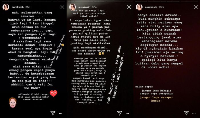 Tangkapan layar Instastory Aura Kasih mengenai alasan pernikahannya