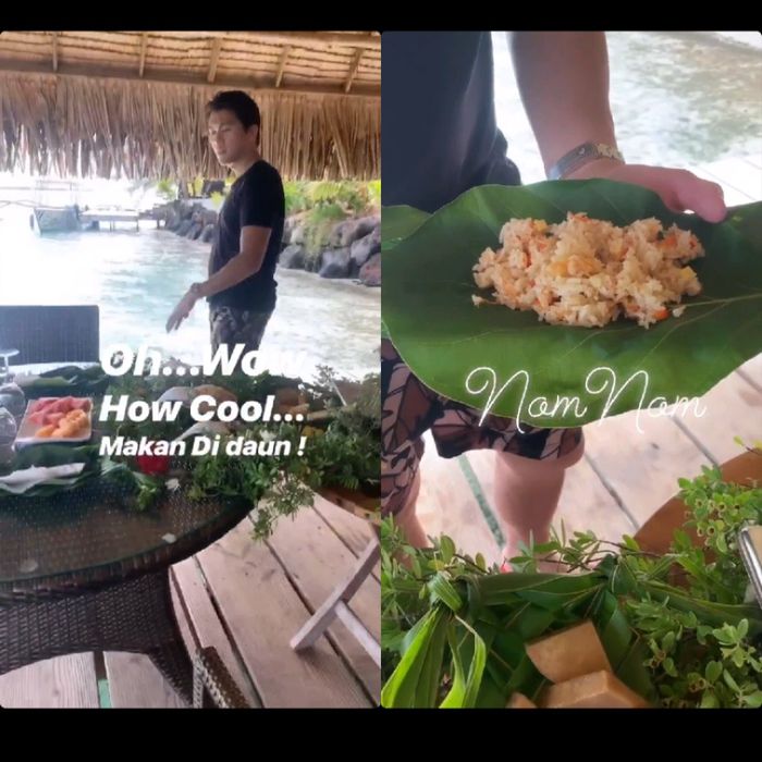 Kolase Insta story saat Syahrini makan beralaskan daun