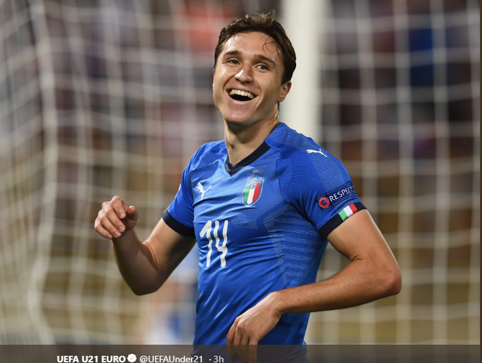 Federico Chiesa, menjadi bintang kemenangan 3-1 timnas U-21 Italia atas Spanyol di Euro U-21 2019, Minggu (16/6/2019) di Bologna.