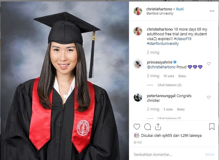 Christie Hartono baru saja lulus dari Stanford, California.