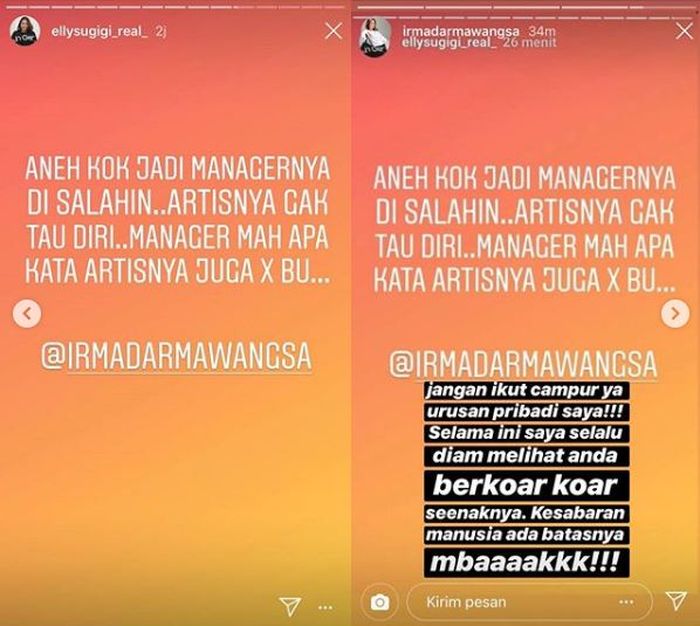 Kolase tangkap layar IG Story @ellysugigi_real_ dan @irmadarmawangsa