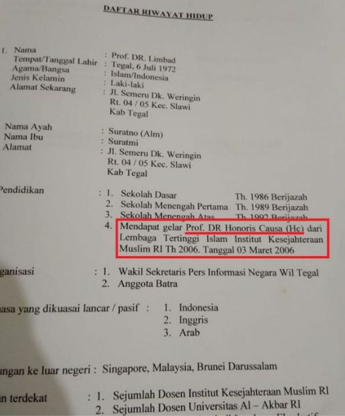 Daftar riwayat hidup Limbad