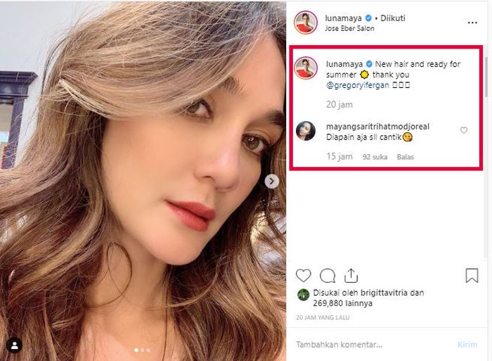 Komentar Mayangsari di psotingan Instagram Luna Maya yang belum dibalas sampai detik ini.