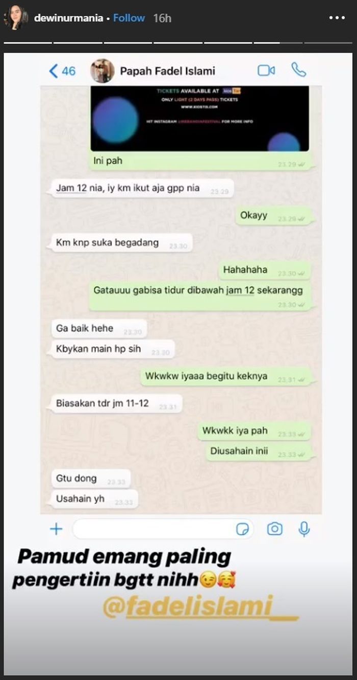 Tangkapan layar Instastory Dewi Nurmania yang ditegur keras oleh Fadel Islami.