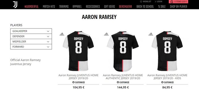 Toko online resmi Juventus memajang jersey Aaron Ramsey lengkap dengan nomor punggung 8.