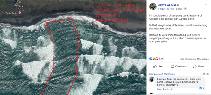 Penampakan rip currents dari atas. Tampak 'robekan' ombak seperti air tenang.