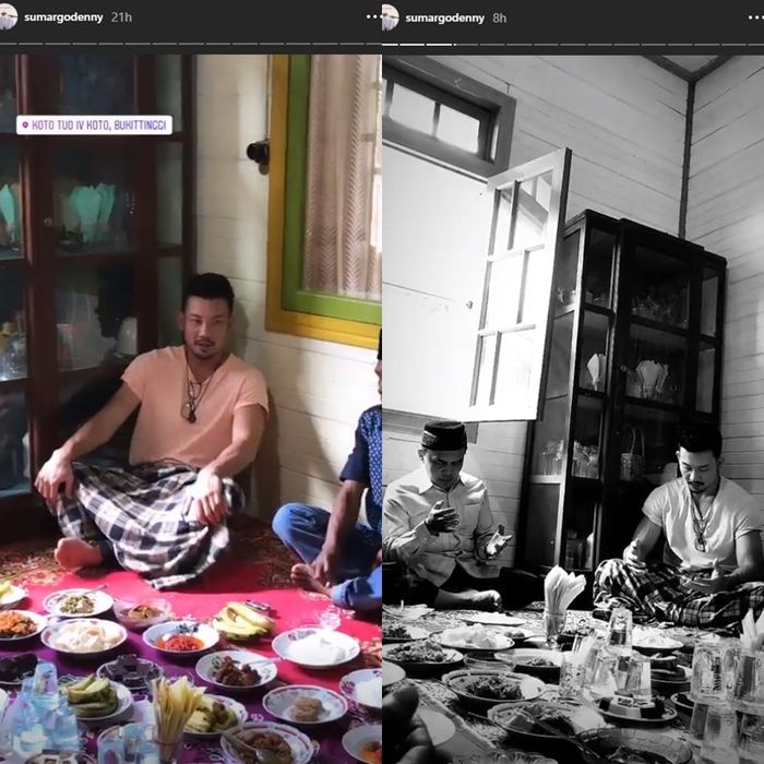 Denny Sumargo yang sedang makan dengan menggunakan sarung