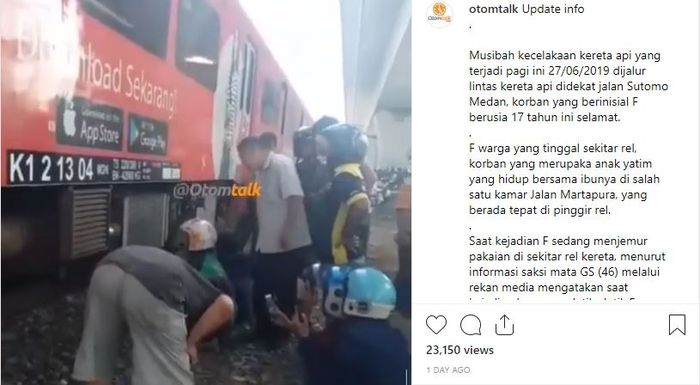 Febri Br Sinaga masih diberi keselamatan meski ditabrak dan masuk kolong kereta api, pada Kamis (27/6/2019).