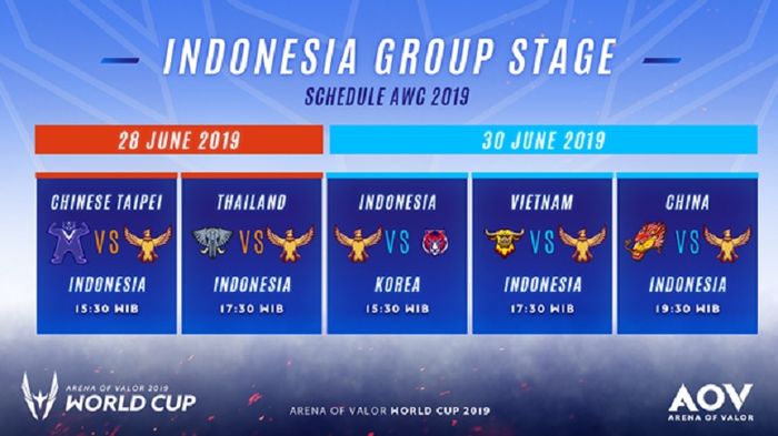 Tim Indonesia, EVOS.AOV, akan melakoni pertandingan babak grup AOV World Cup pada 28 Juni 2019 pukul 15.30 WIB.