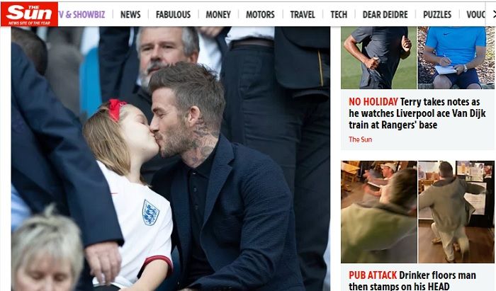 Ciuman di bibir David Beckham dengan sang putri ketika menyaksikan laga perempat final Piala Dunia Wanita di Perancis.