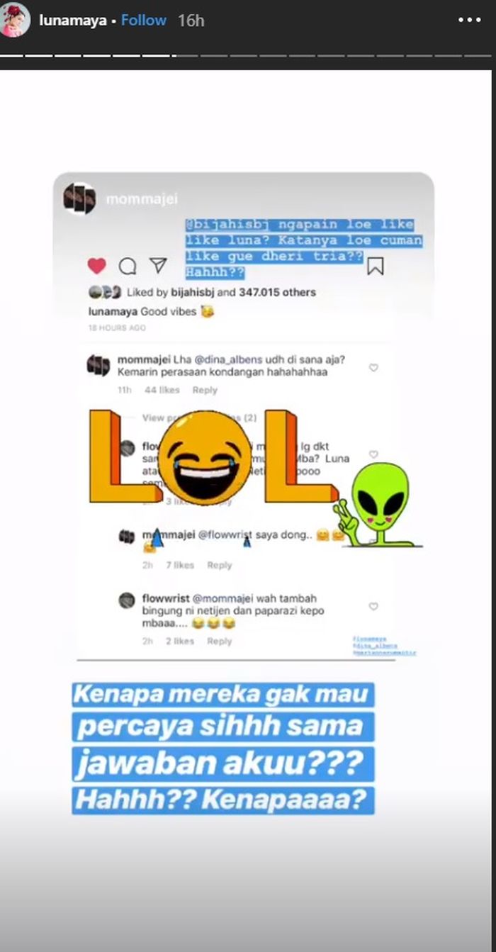 Unggahan Instagram Story Luna Maya