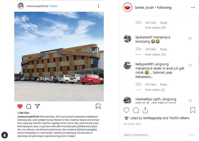 Komentar warganet terhadap unggahan Vanessa Angel