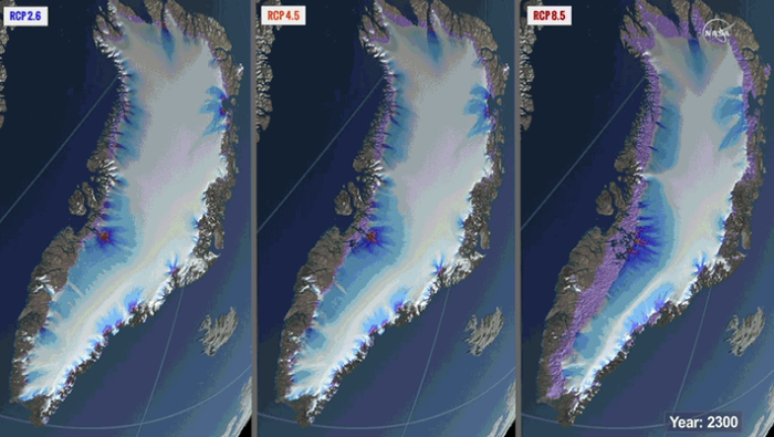 Perkiraan pencairan es di Greenland pada 2300.