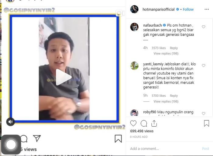 Unggahan Hotman Paris yang dikomentari Nafa Urbach
