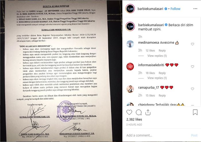 Berita acara sumpah Advokad Barbie Kumalasari