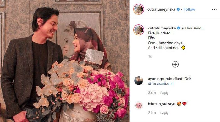 Unggahan Instagram Cut Meyriska yang memamerkan kebersamaannya dengan Roger Danuarta