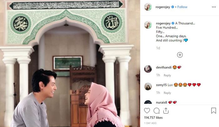 Tangkapan layar postingan <a href='https://jambi.tribunnews.com/tag/roger-danuarta' title='Roger Danuarta'>Roger Danuarta</a> 