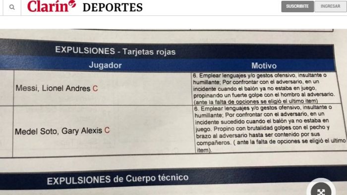 Isi laporan pertandingan dari wasit Mario Diaz de Vivar terkait insiden Lionel Messi dan Gary Medel dalam duel Argentina versus Cile di perebutan tempat ketiga Copa America 2019, Minggu (6/7/2019).