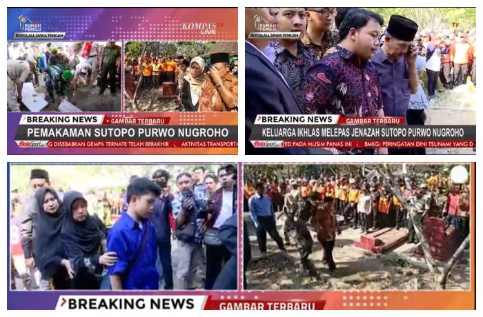 Tangkap layar video streaming Kompastv
Foto - foto keluarga Sutopo di pemakaman.