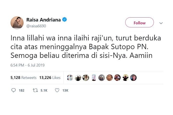 Ucapan duka cita Raisa di Twitter atas meninggalnya Sutopo Purwo Nugroho