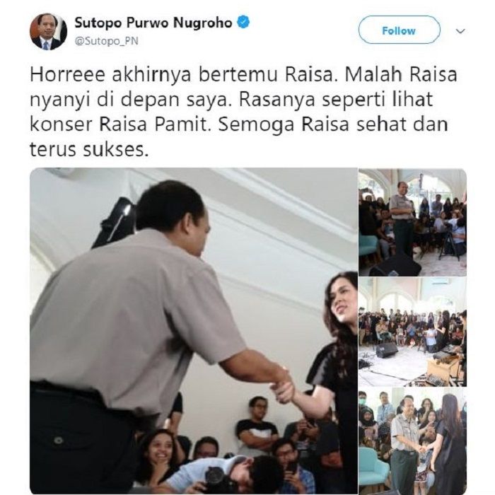 Momen pertemuan Sutopo Purwo Nugroho dengan penyanyi idolanya, Raisa.