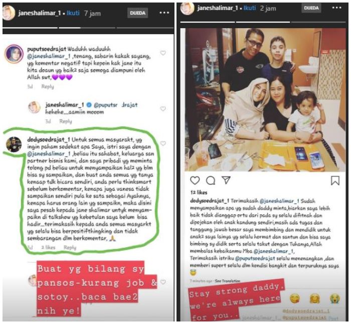 Unggahan Jane Shalimar yang mengungkapkan isi hati Doddy Sudrajat terhadap Vanessa Angel.