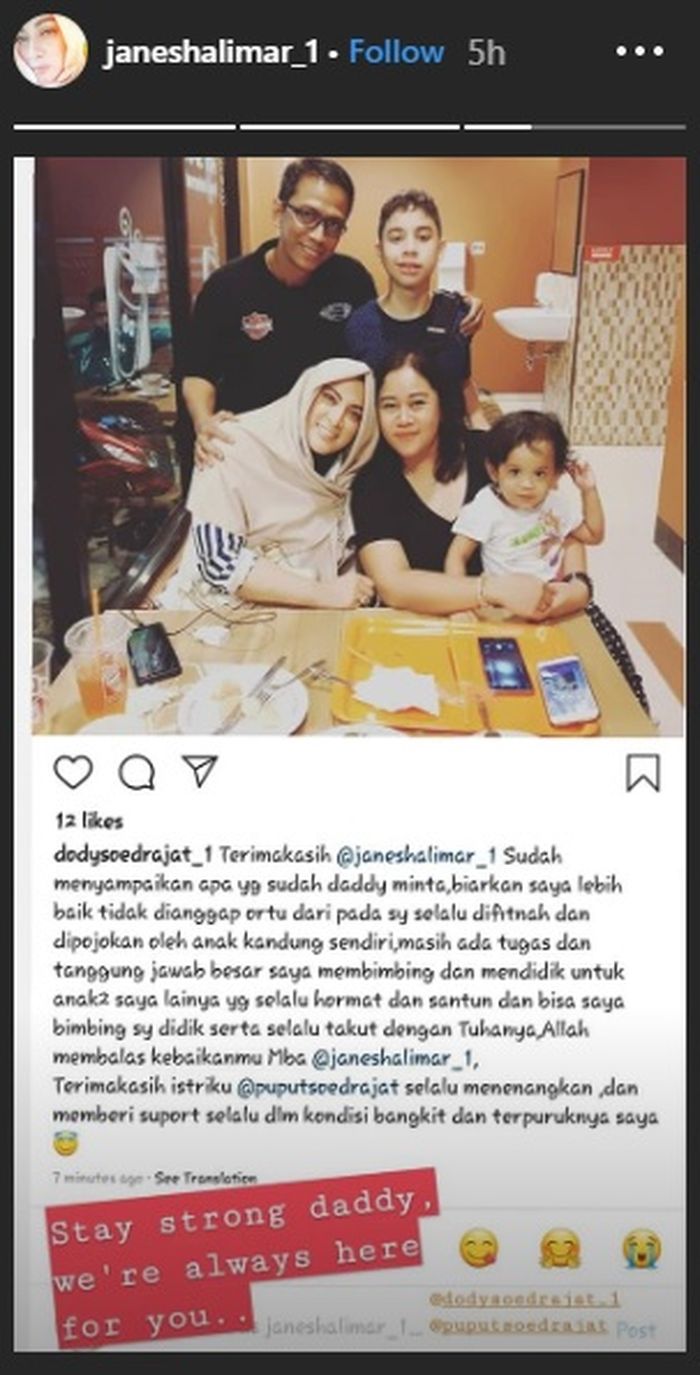 Curahan hati ayah Vanessa Angel, Doddy Sudrajat, yang kemudian diunggah ulang oleh Jane Shalimar.