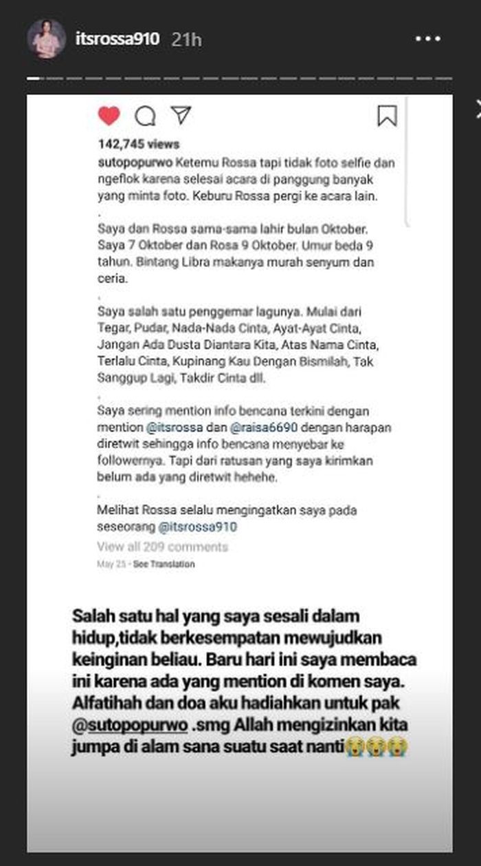 Postingan Instastory Rossa yang memperlihatkan unggahan Sutopo Purwo Nugroho.