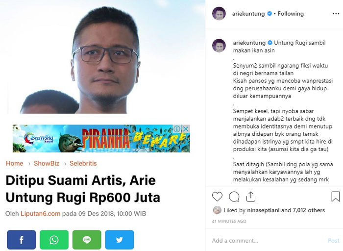 Arie Untung sindir soal kasus ikan asin