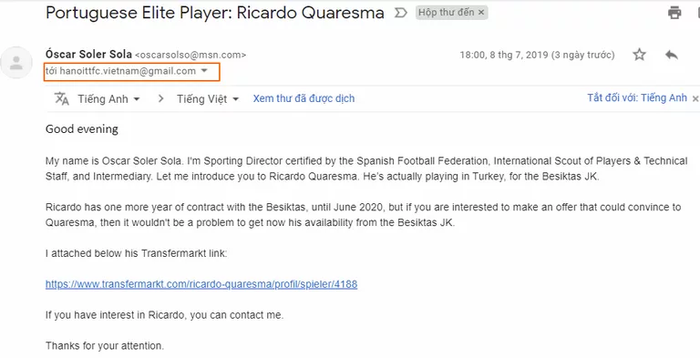 Isi surat elektronik dari Oscar Soler Sola kepada Hanoi FC untuk menawarkan Ricardo Quaresma.