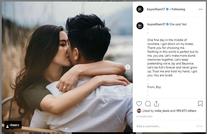 Caption manis yang ditulis Boy William kala melamar Karen Vandela Hosea