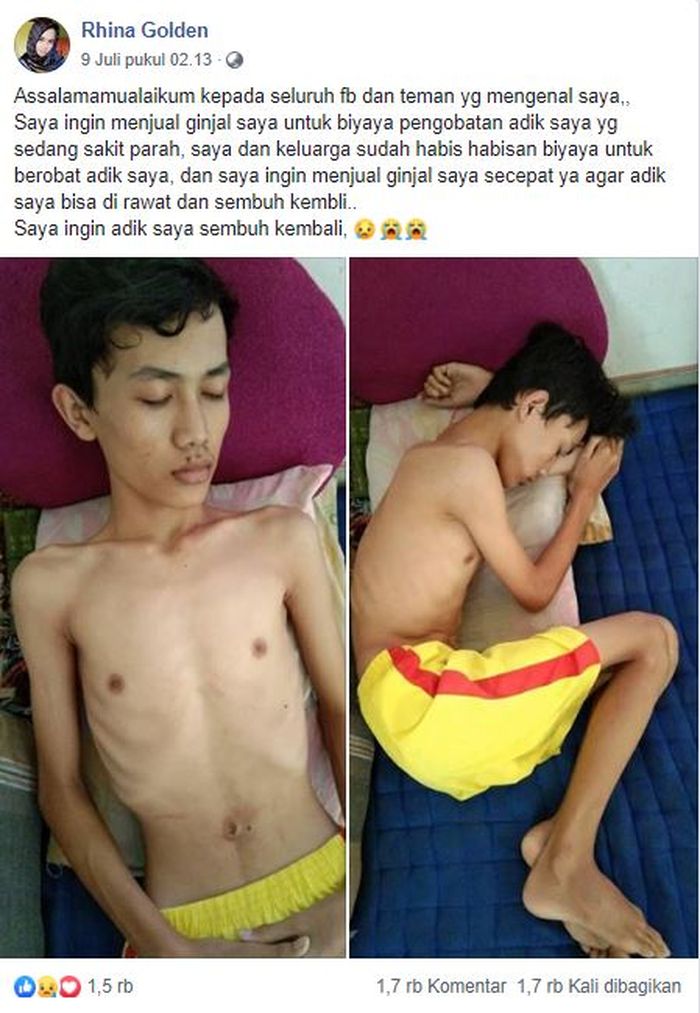 Seorang wanita dengan akun Facebook bernana Rina Golden ingin menjual ginjal untuk pengobatan sang adik
