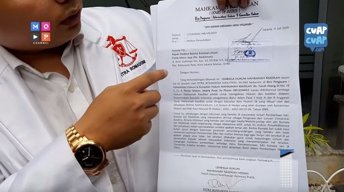 Pitra Romadhoni memperlihatkan suranya yang ditujukan untuk Dir Krimum Polda Metro Jaya