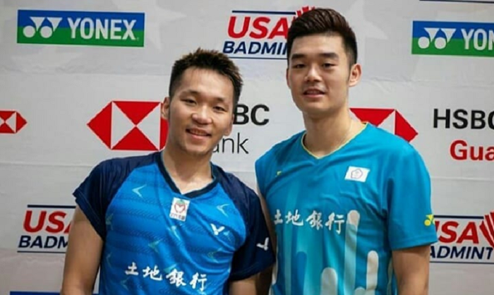 Lee Yang (kiri) bersama Wang Chi-Lin seusai melakoni laga semifinal US Open 2019 vs Lee Yong-dae/Yoo Yeon-seong (Korea Selatan), di Titan Gym, Fullertone, California, Sabtu (13/7/2019).