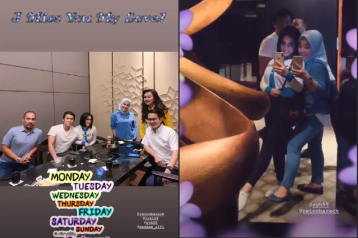 Syahrini terlihat bergaya simpel mengenakan cardigan bernuansa warna biru dan putih