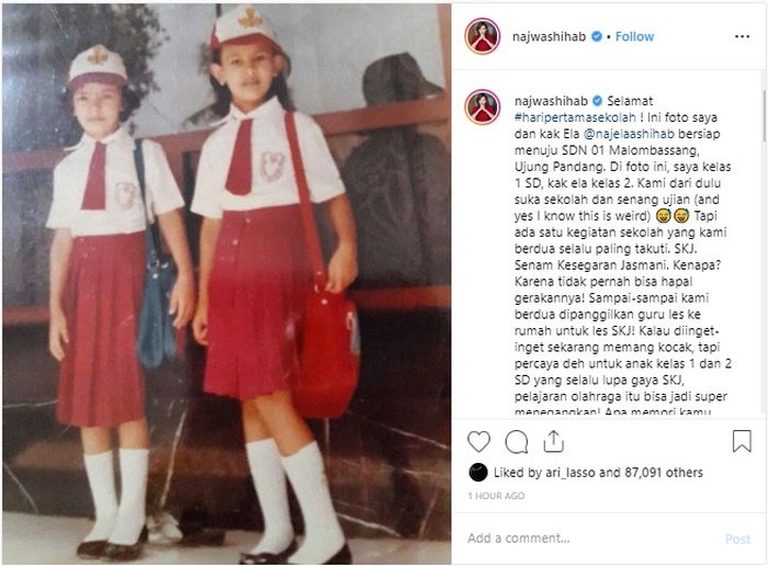 Postingan foto masa kecil Najwa Shihab untuk peringati hari pertama sekolah.