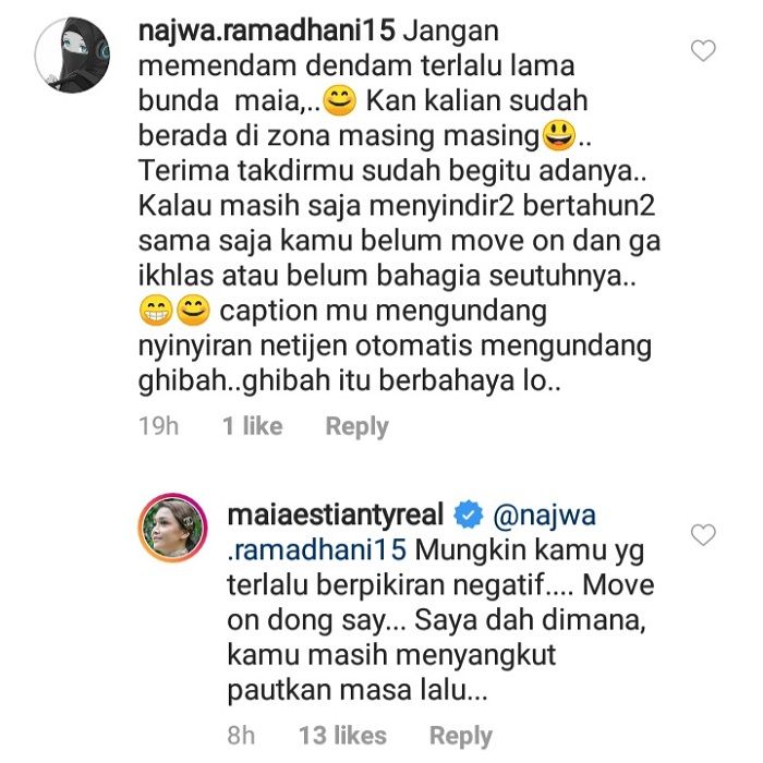 Balasan menohok Maia Estianty saat dituding pendendam dan suka menyindir oleh seorang netizen.