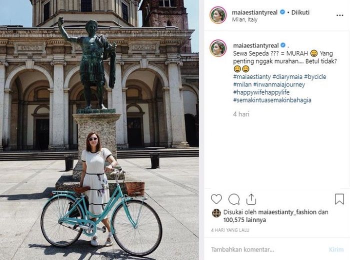Postingan Maia Estianty bersama sepeda yang dikomentari pedas oleh seorang netizen.