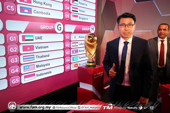 Pelatih timnas Malaysia, Tan Cheng Hoe, mengacungkan jari saat melihat bagan Grup G Kualifikasi Piala Dunia 2022 Zona Asia yang diisi Indonesia, Malaysia, Vietnam, Thailand, dan Uni Emirat Arab.