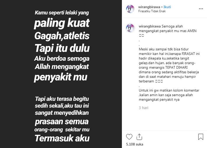 Wirang Birawa memanjatkan doa untuk seorang pria yang kini tengah sakit