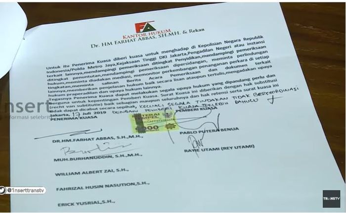 Surat kuasa yang diberikan kepada Farhat Abbas yang ditandatangani Pablo Benua dan Rey Utami