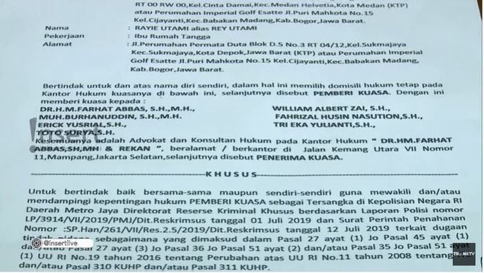 Isi surat kuasa dari Pablo Benua dan Rey Utami kepada Farhat Abbas
