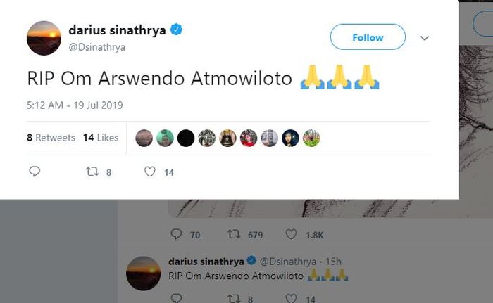 Darius sampaikan duka atas kepergian Arswendo Atmowiloto di Twitter