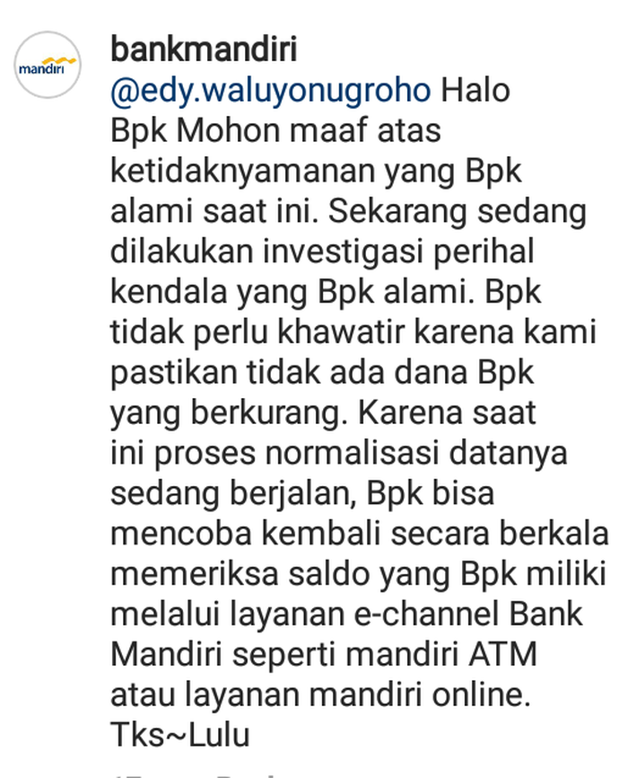 Tanggapan Bank Mandiri terkait hilangnya saldo nasabah (Tangkap layar Instagram)
 