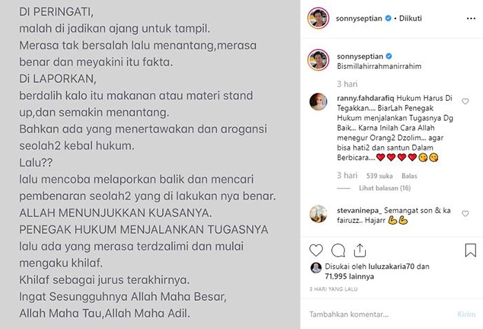 Sonny Septian unggah foto sindiran untuk 'Trio Ikan Asin'