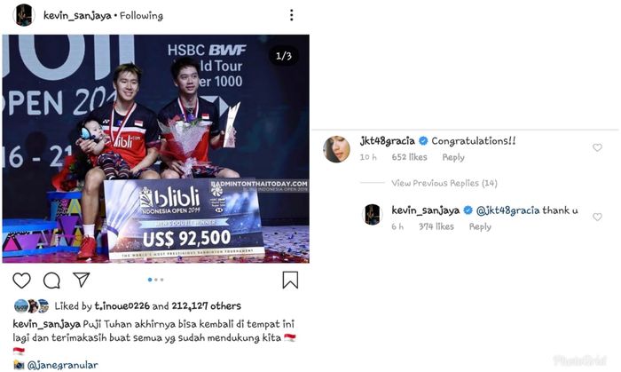 Unggahan Kevin Sanjaya dikomentari oleh Shania Gracia