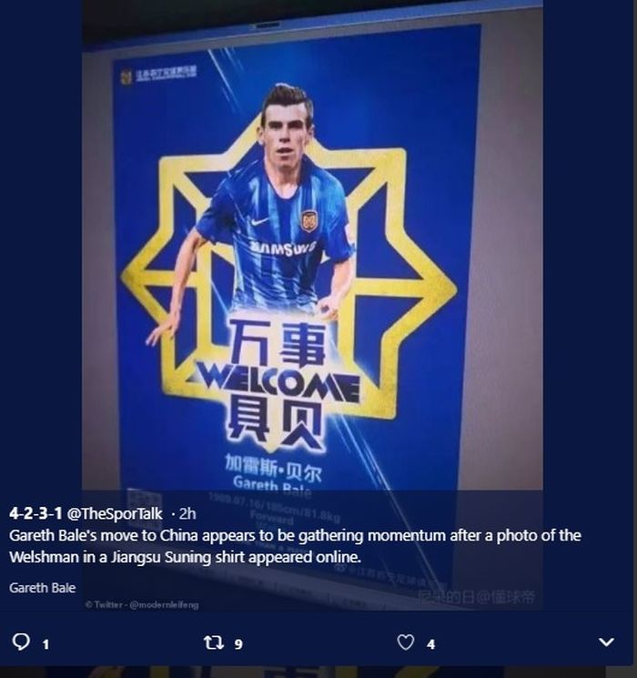 Foto Gareth Bale berbaju Jiangsu Suning