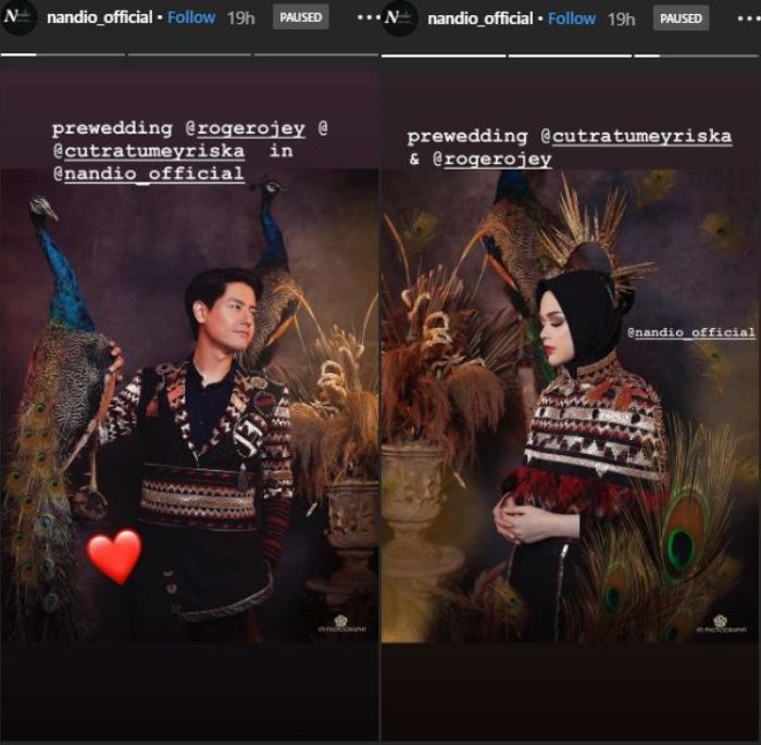 Prewedding Cut Meyriska dan Roger Danuarta dalam nuansa burung merak dan etnik.