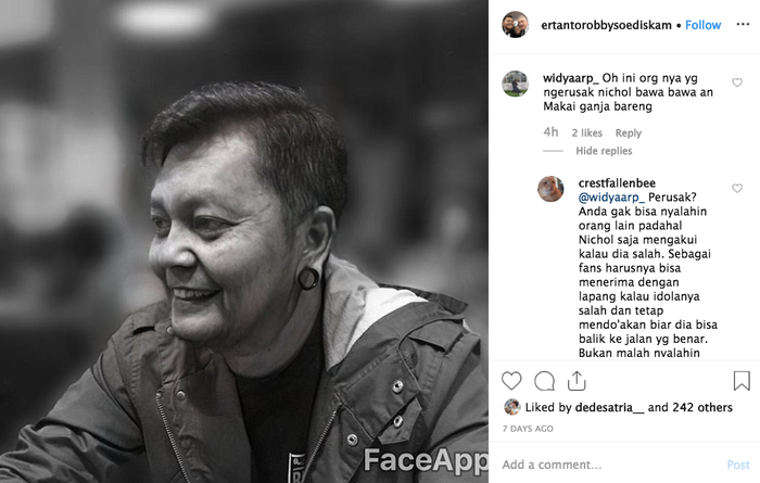 Komentar Netizen di Instagram Entarto Robby
